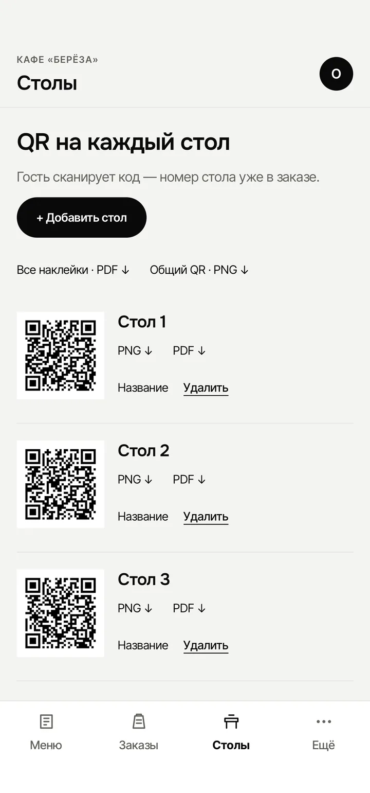Столы и QR: коды для столов 1, 2 и 3